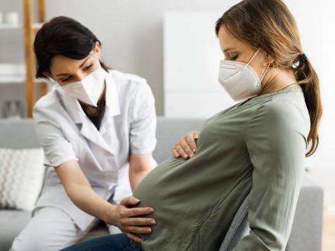 Masked doula with masked pregnant woman