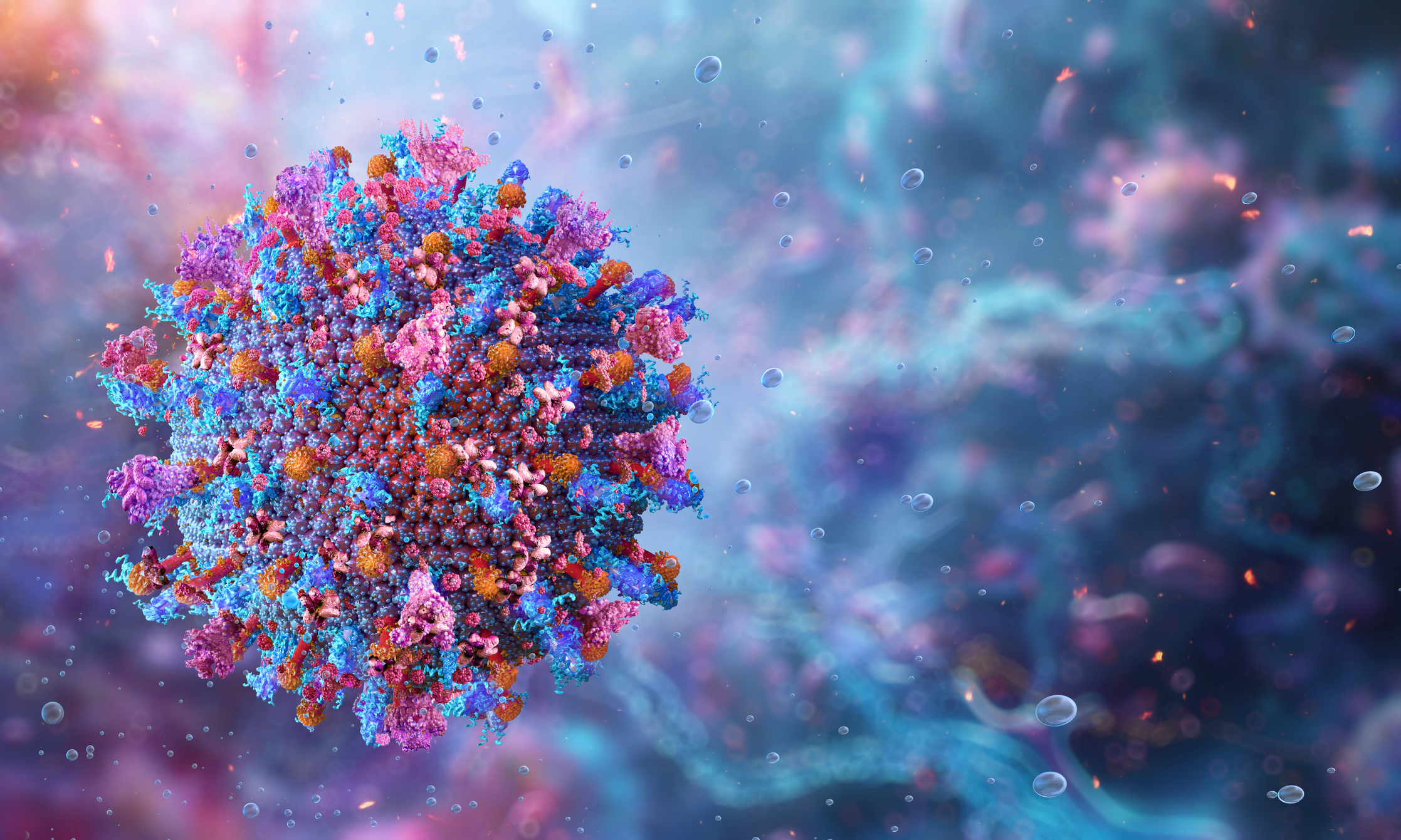 A multicolored illustration of the flu virus under a microscope