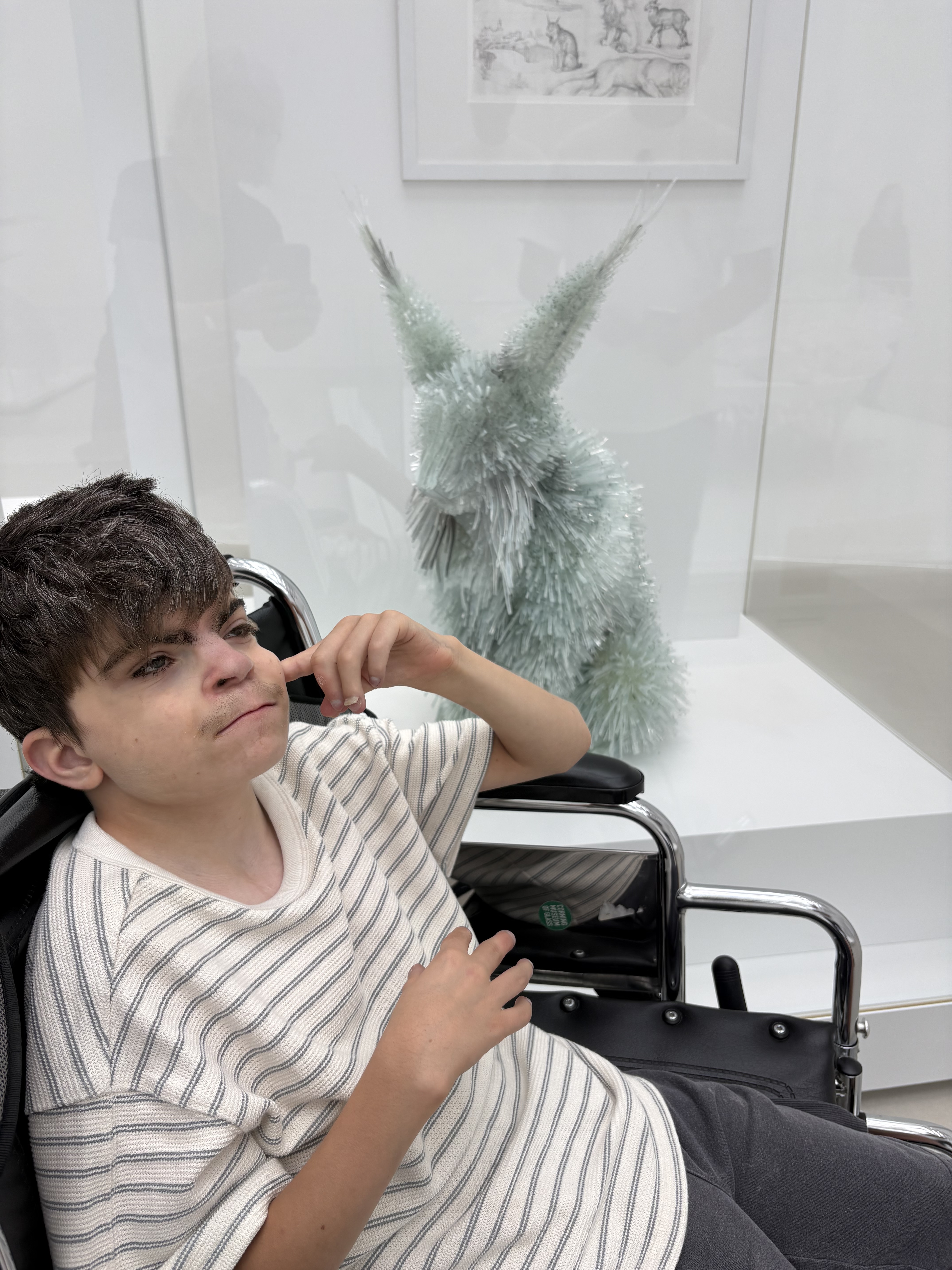 White boy sits in wheelchair beside a crystal statue