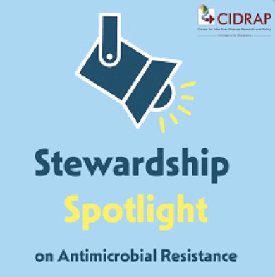 An illustration of a spotlight. Text reads "Stewardship Spotlight on Antimicrobial Resistance"
