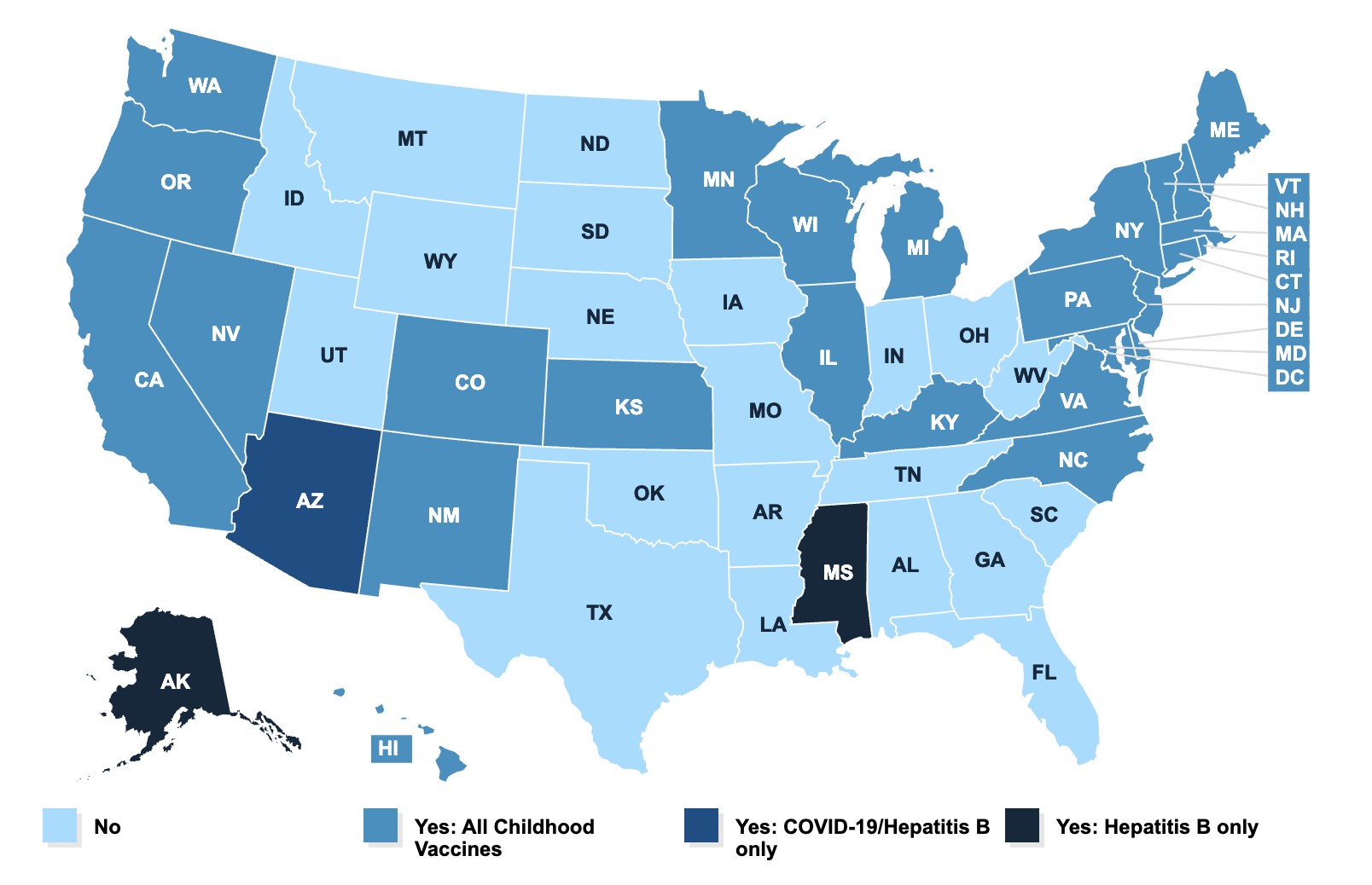 US map of vaccine recs