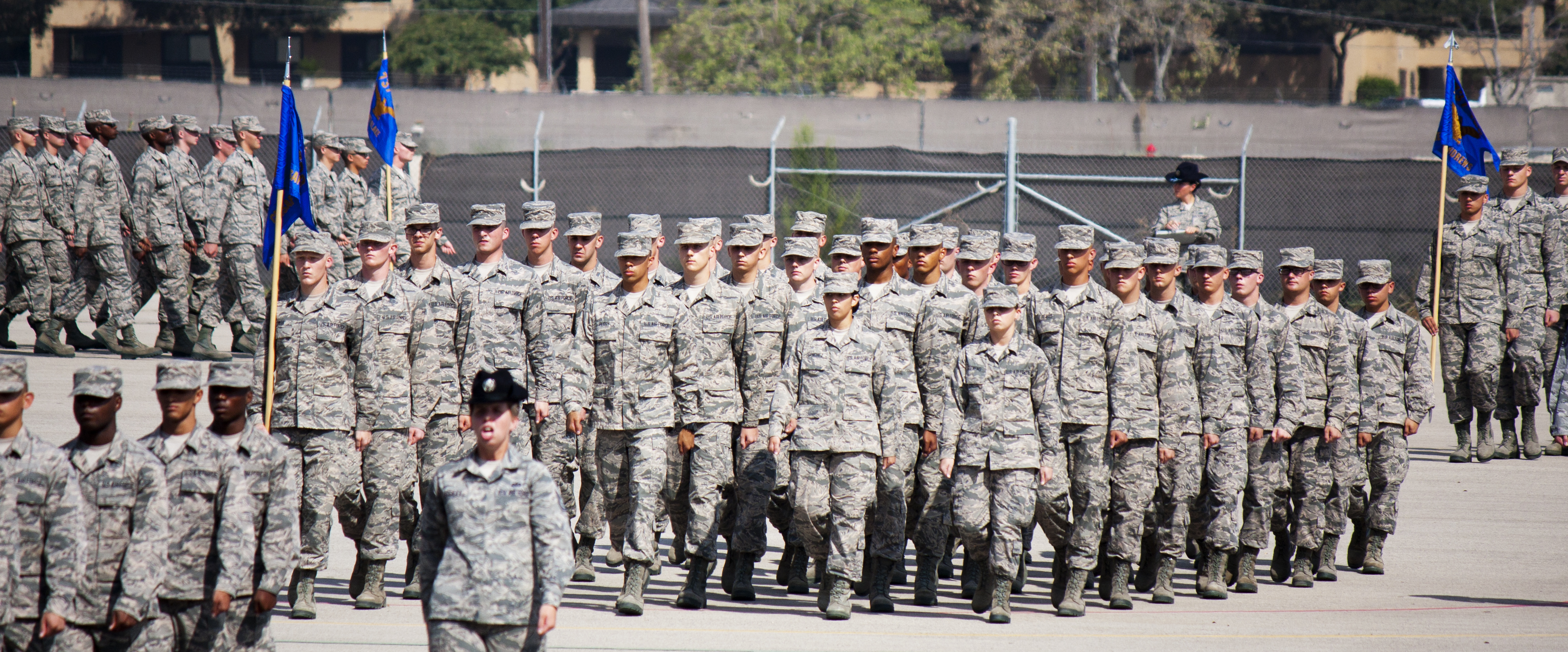 Troops march in formation at Lackland Air Force Base in Texas.