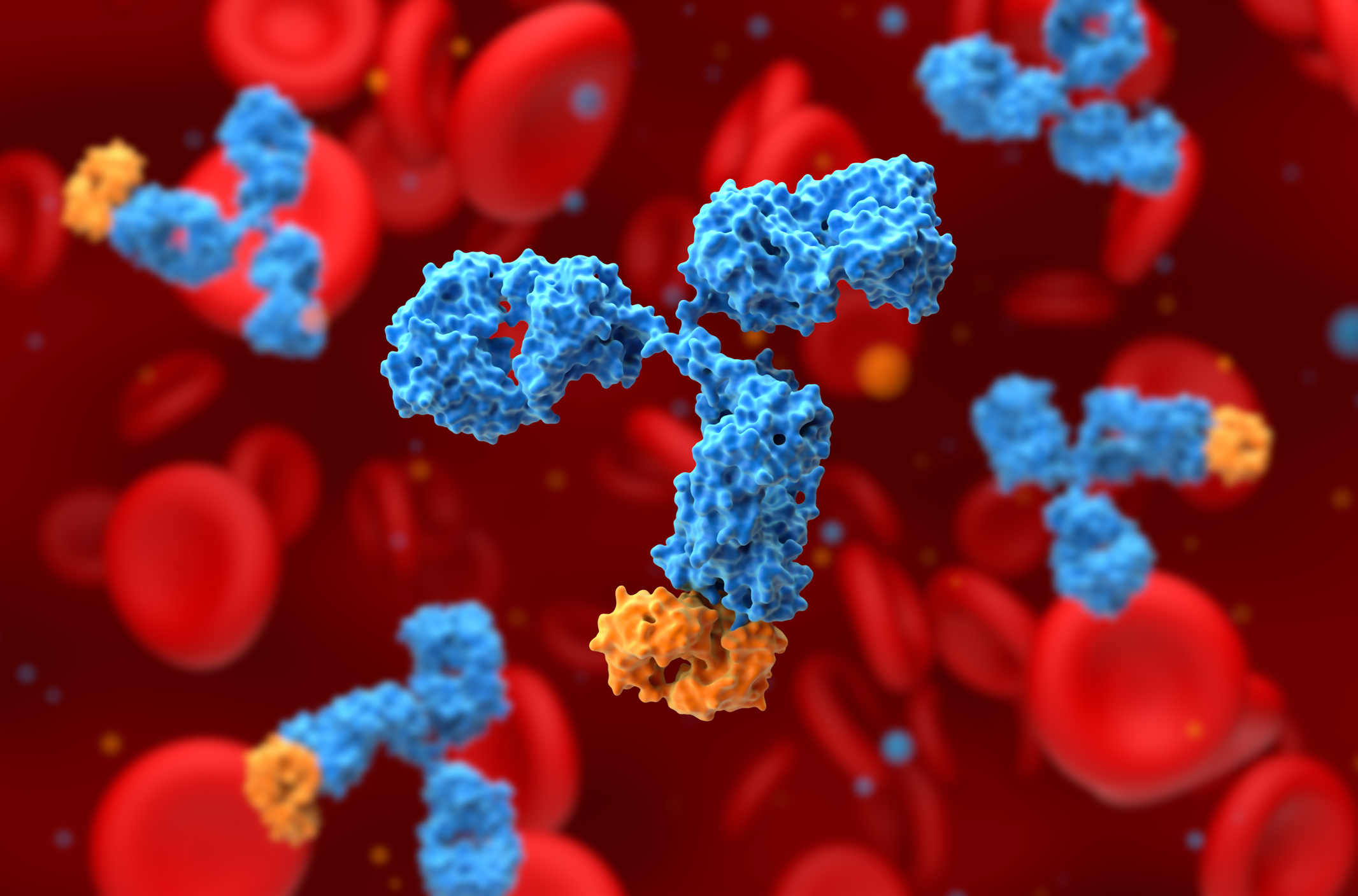 Illustration of monoclonal antibodies in blue and yellow on red background