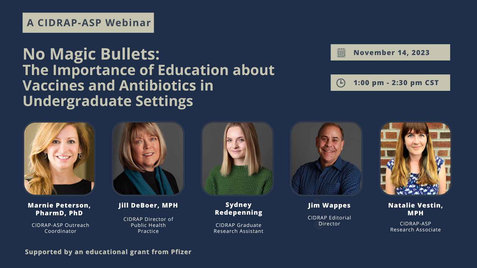 A banner advertising the webinar with headshots of the five participants