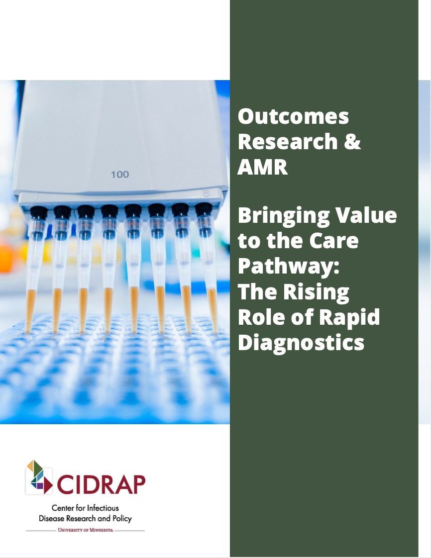 A report cover that reads Outcomes Research & AMR: Bringing Value to the Care Pathway: The Rising Role of Rapid Diagnostics