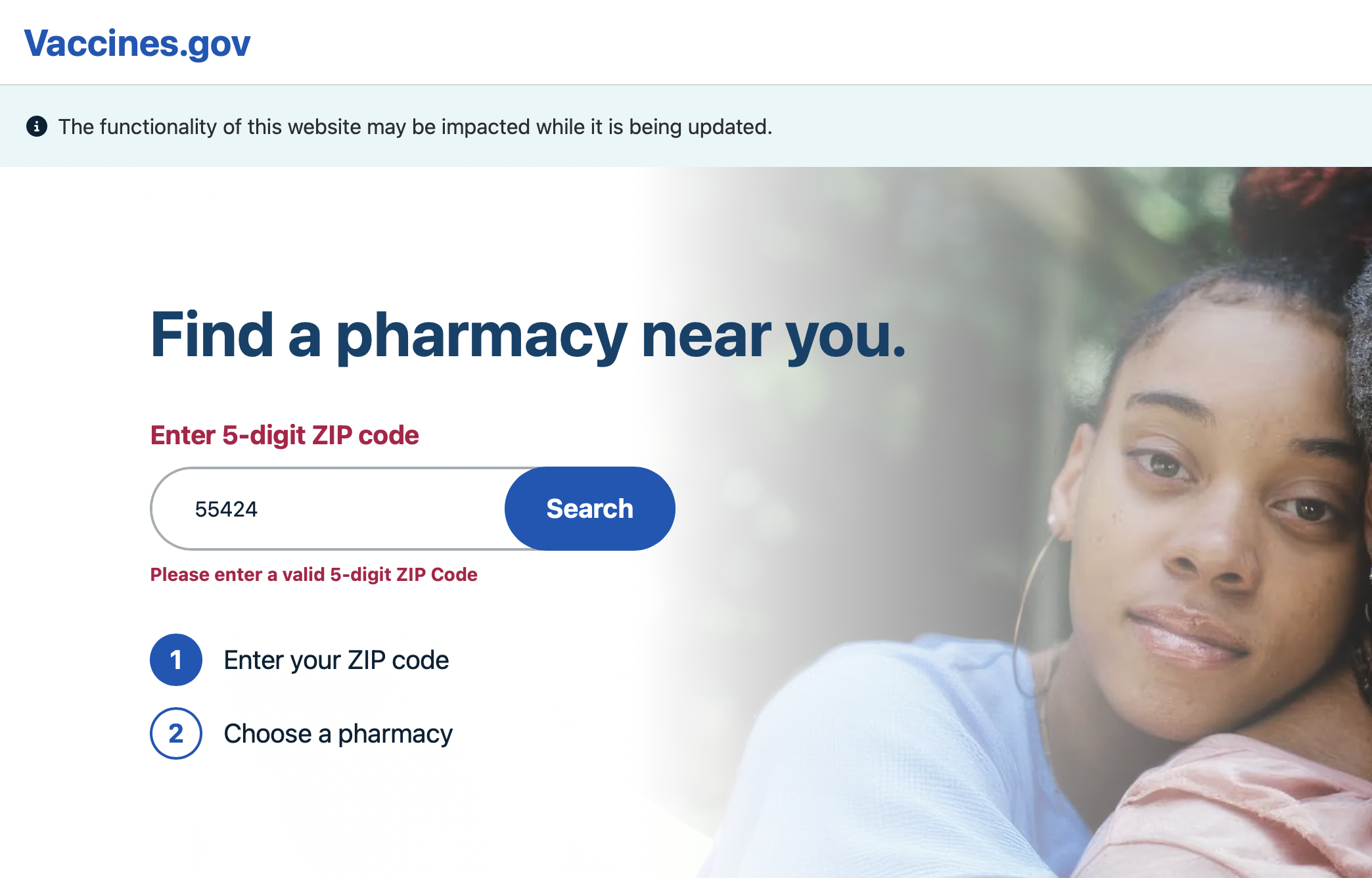 Screenshot of error message on Vaccines.gov website