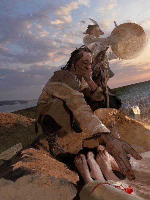 An artistic rendering of Baikal hunter-gatherers from 5500 years ago burying victims of plague. Credit Kelvin Wilson.