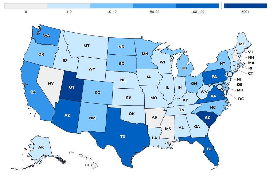CDC’s map showing where in the United States the most measles cases have been reported for 2026.  The states with the most cases are South Carolina, Utah, Pennsylvania, Texas and Virginia.