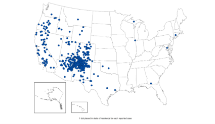 United States map of where plague cases have been reported from 1970 through 2023. Blue dots represent individual cases, the majority of which are in New Mexico.