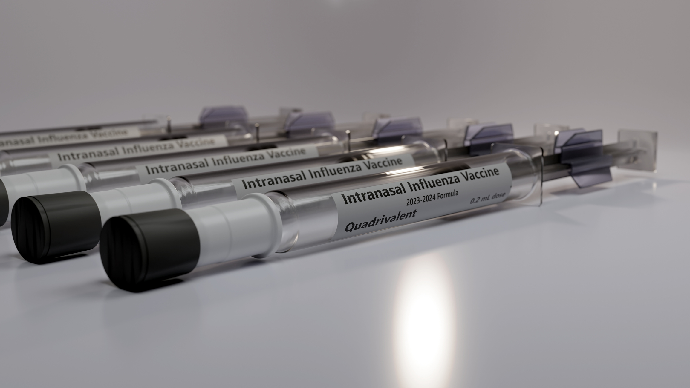 Five syringes containing the 2023-2024 intranasal flu vaccine.
