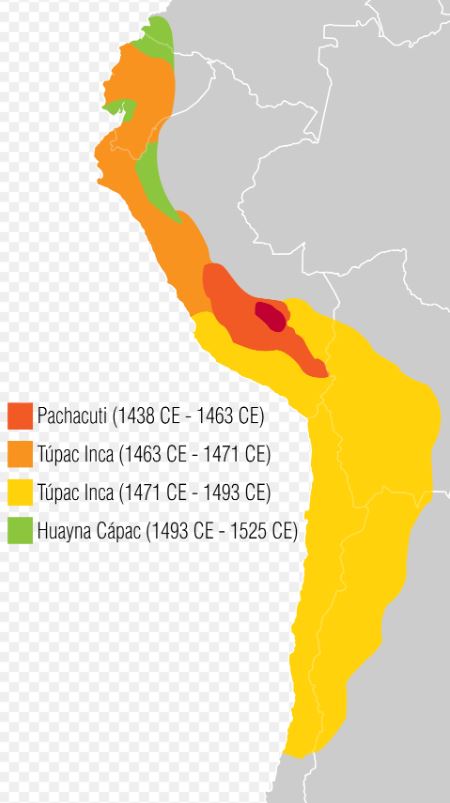 A map showing the expansion of the Inca Empire. In 1438, the kingdom centered around Cusco, and covered part of what is now Peru. By 1525, it extended north through Ecuador into western Colombia. The empire also expanded south into the bottom of Chile, as well as western Bolivia and Argentina. 