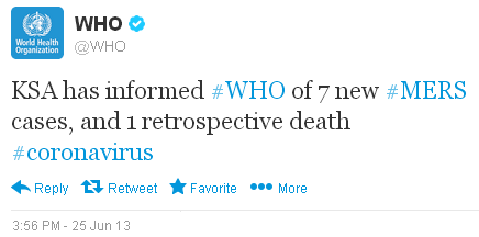 WHO Announces MERS-CoV Cases via Twitter