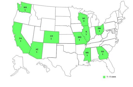 map of united states with california, arizona, washington, colorado, wisconsin, illinois, missouri, mississippi, georgia and ohio highlighted in green