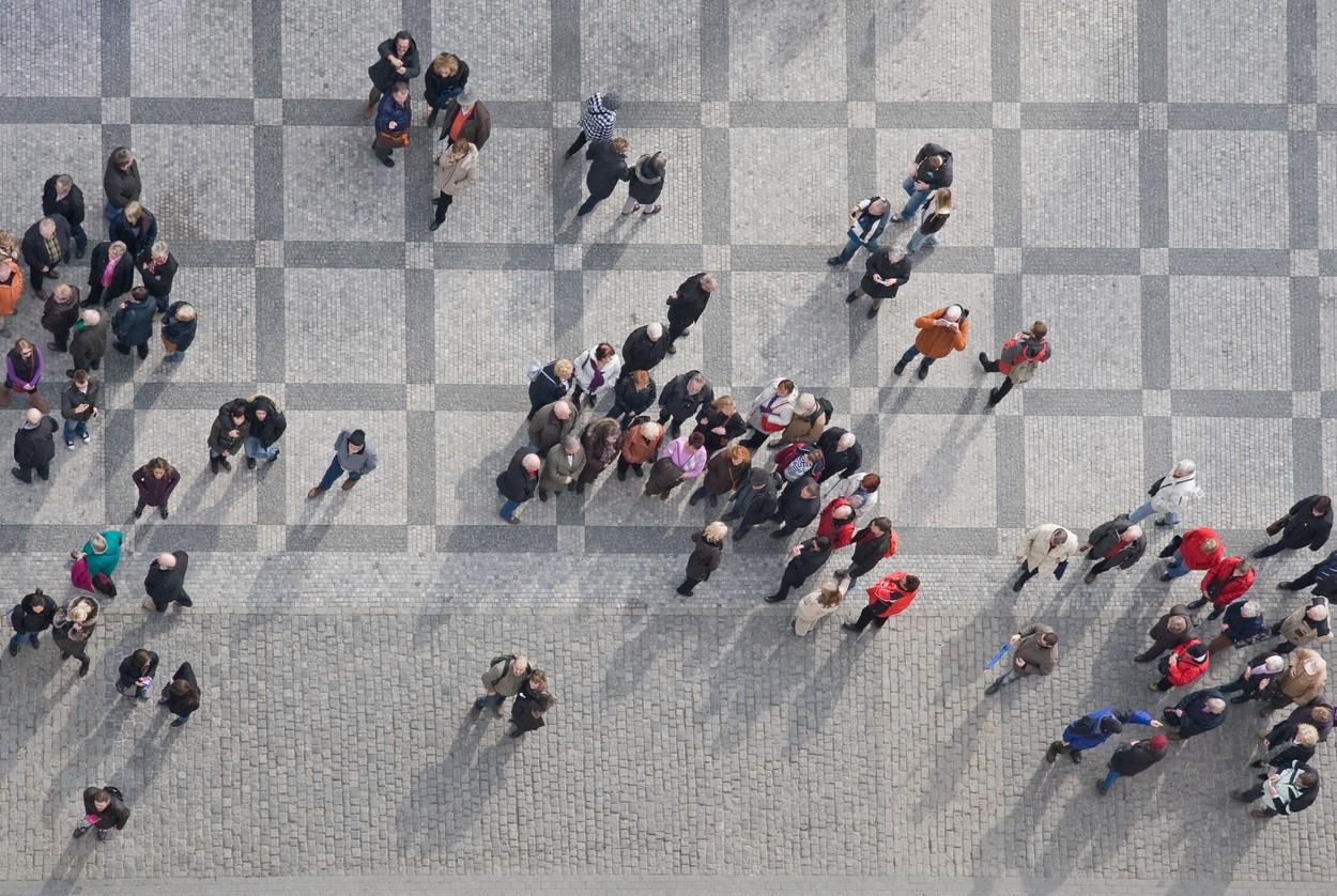 Aerial view of people on outdoor plaza
