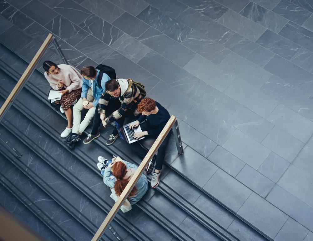 Aerial view of college students on steps