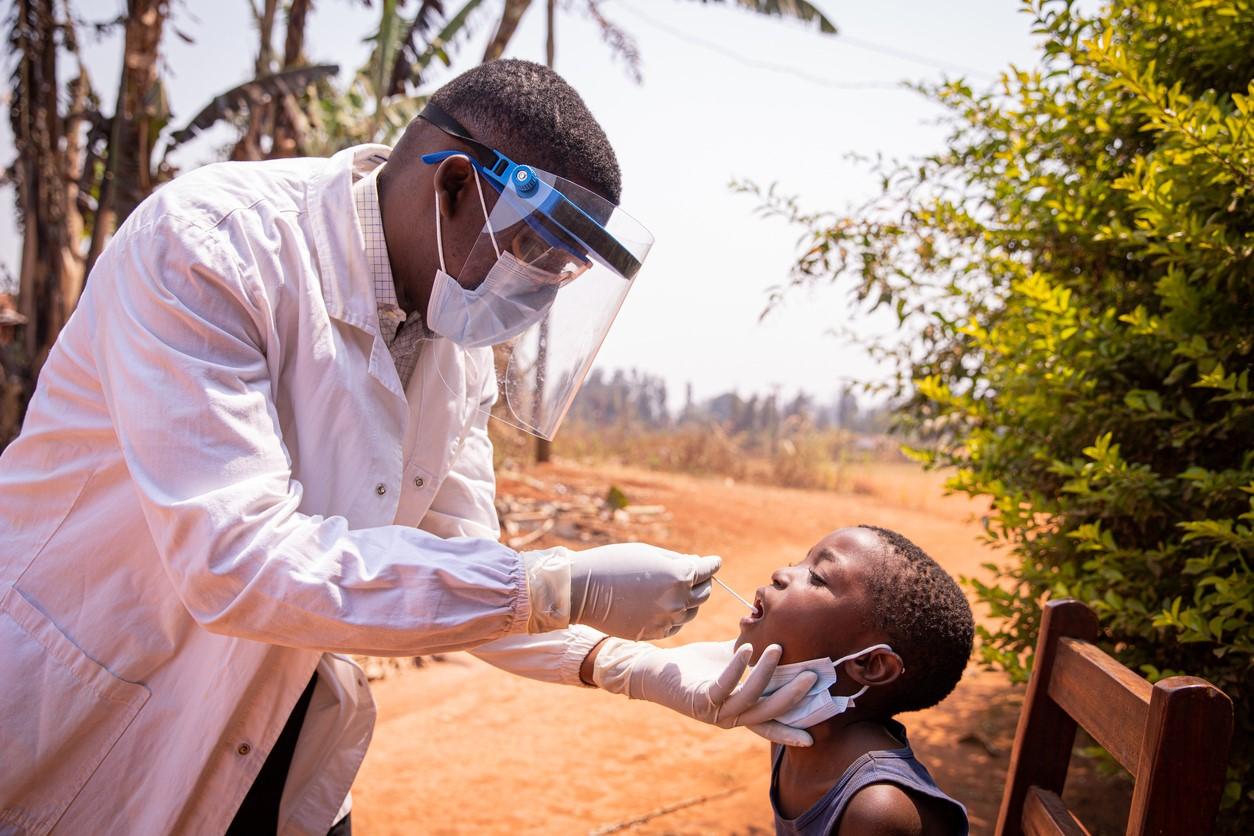 Boy getting COVID nasal swab