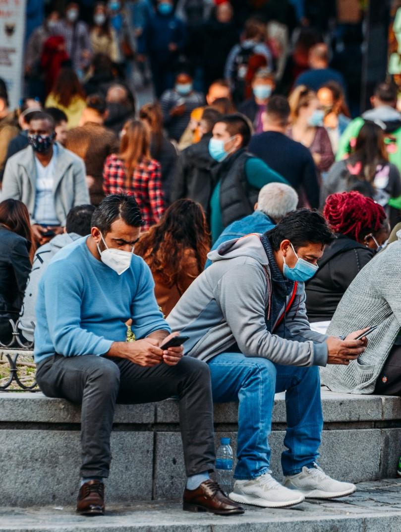 Crowd wearing masks