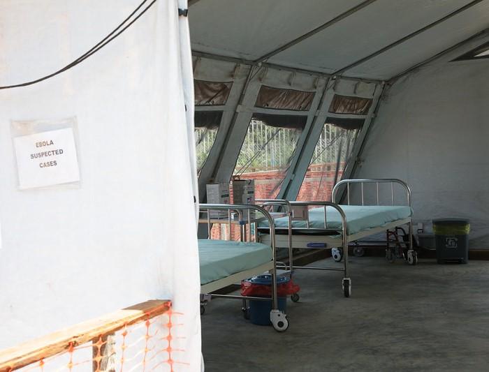 Ebola suspected cases sign and empty beds