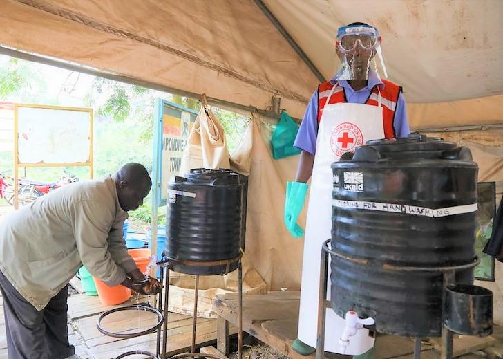 Hand washing at Ebola screening center