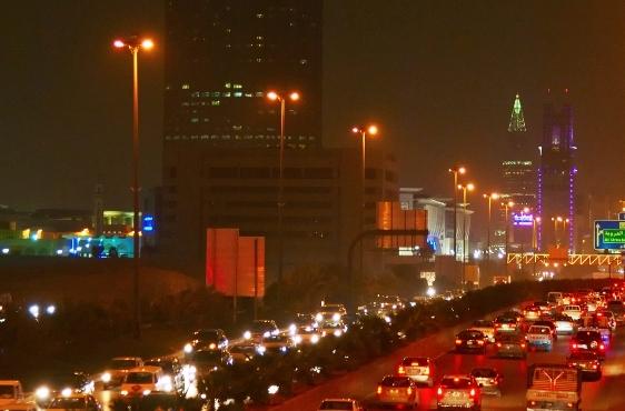 Kingdom Tower in Riyadh, Saudi Arabia, at night