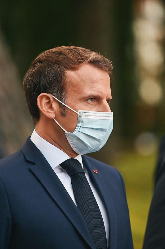 French President Emmanuel Macron wearing mask