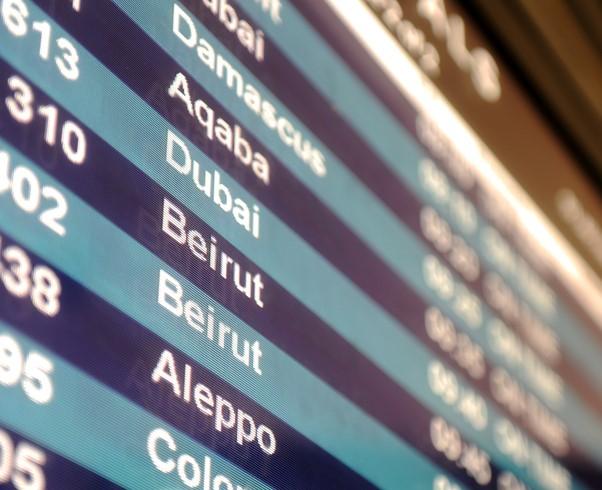 Airport arrival board for Middle East flights