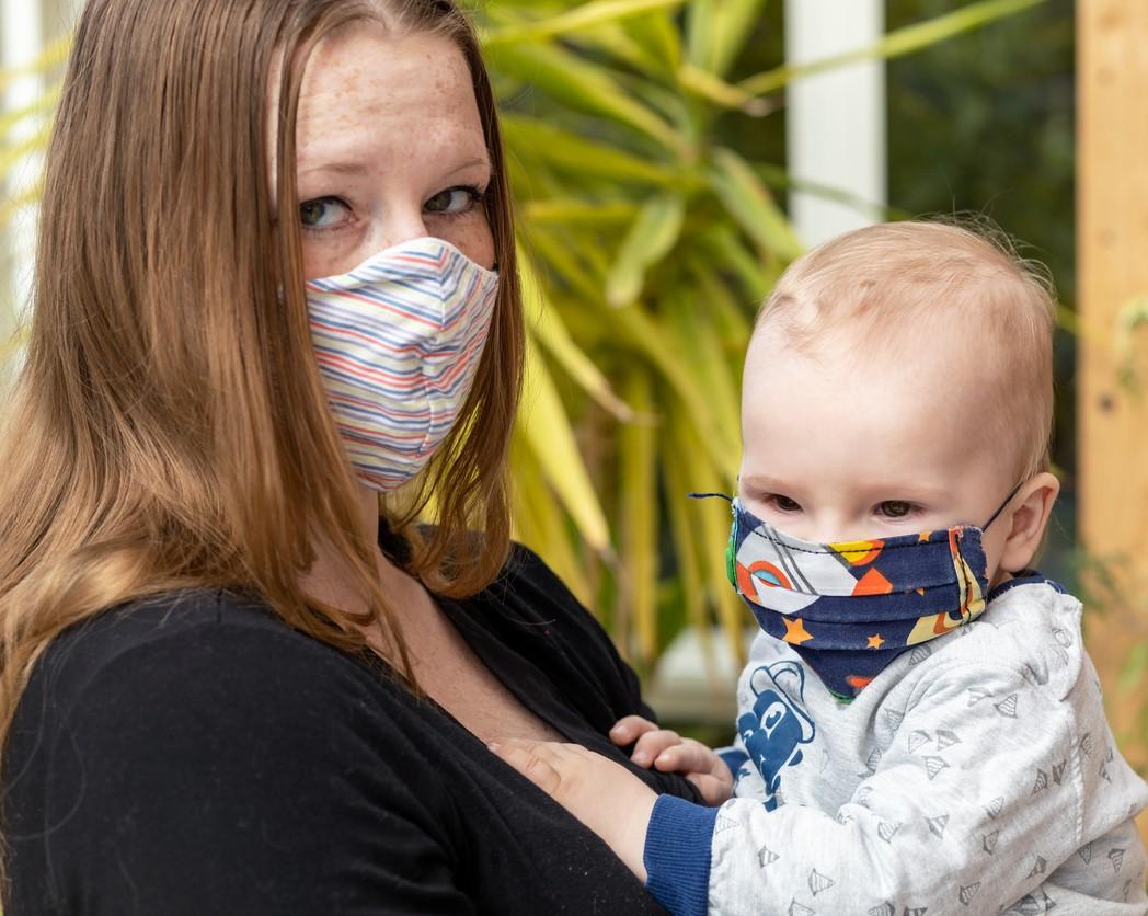 Mom and baby wearing homemade masks