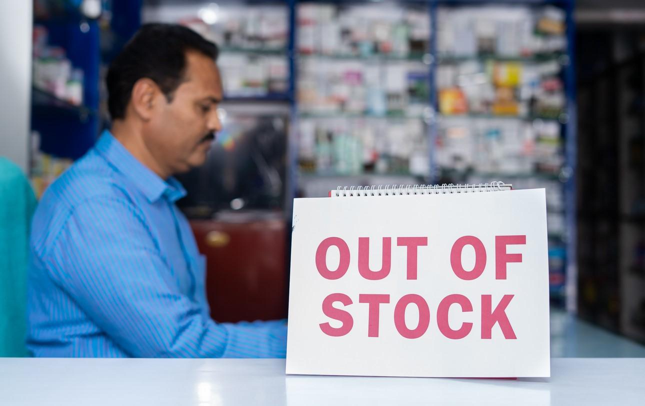 Out of stock sign at pharmacy