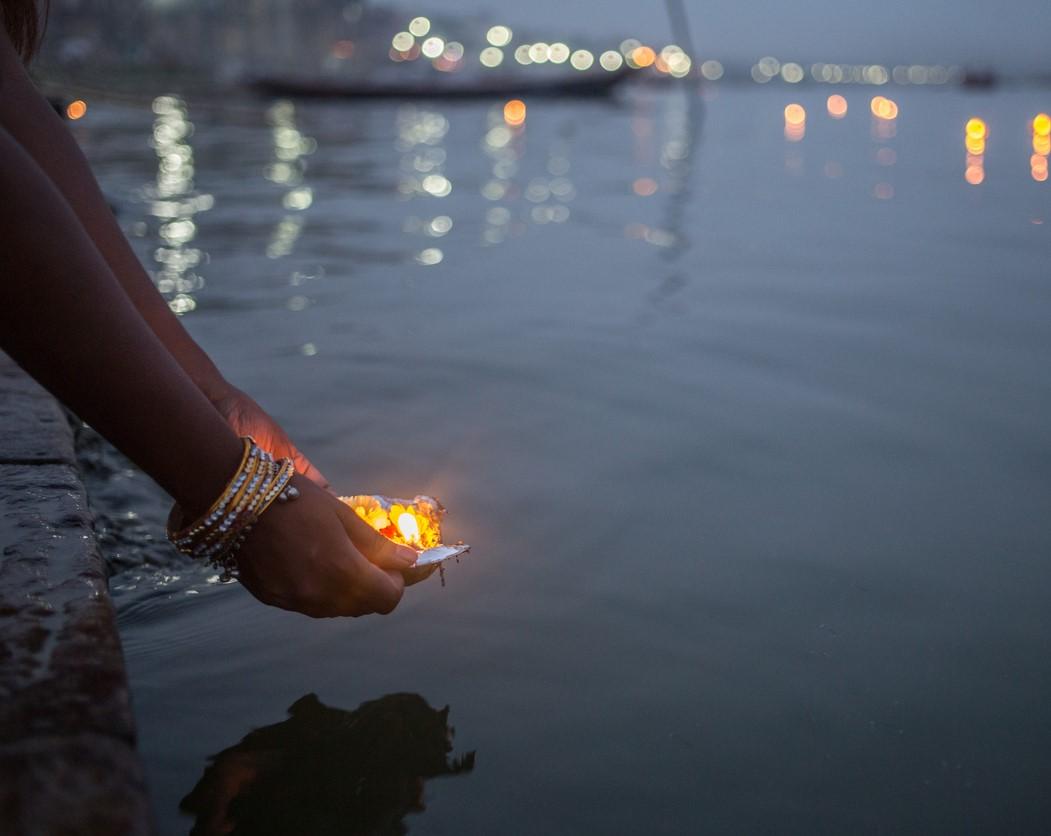 Floating flowers in Ganges River