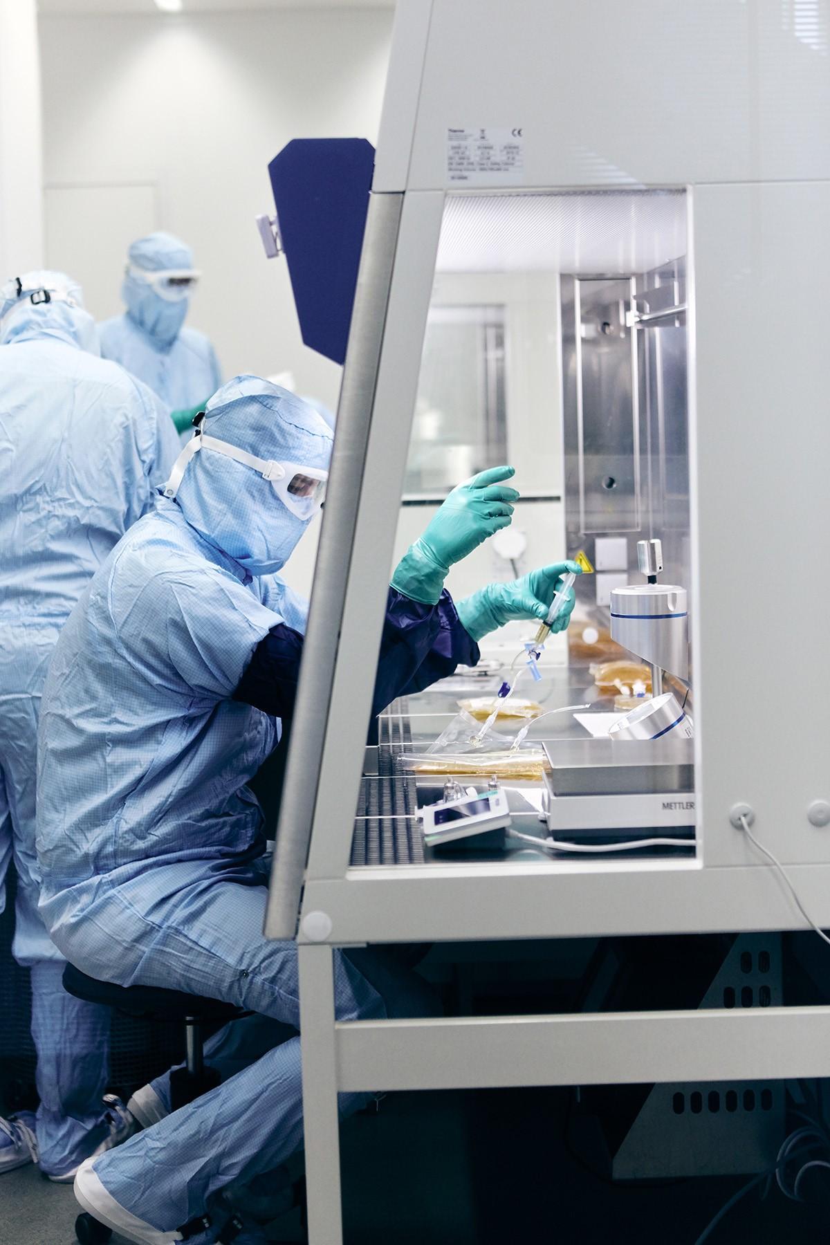 Researcher using biosafety cabinet