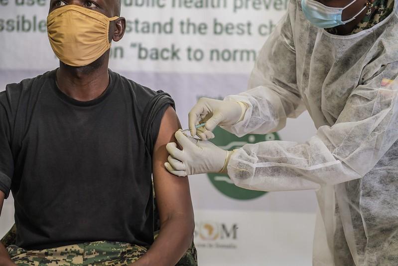 Ugandan soldier getting COVID vaccine