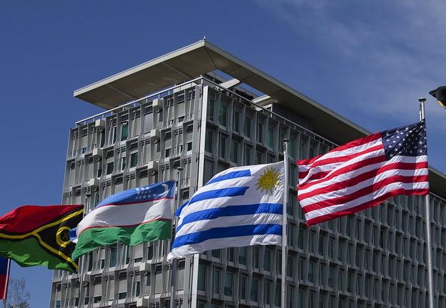 WHO headquarters building with flags