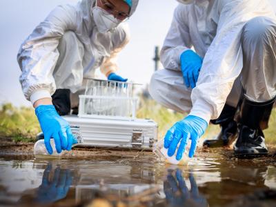 Workers taking water samples