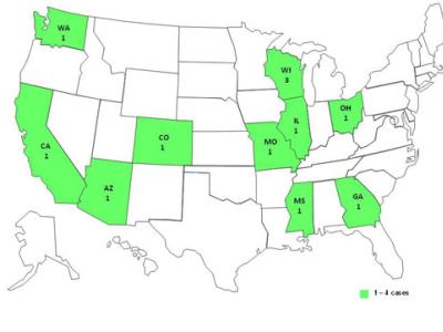 map of united states with california, arizona, washington, colorado, wisconsin, illinois, missouri, mississippi, georgia and ohio highlighted in green