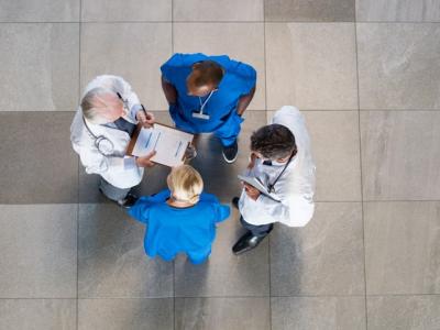Aerial view healthcare workers consulting