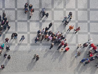 Aerial view of people on outdoor plaza