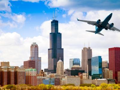 Plane flying over Chicago