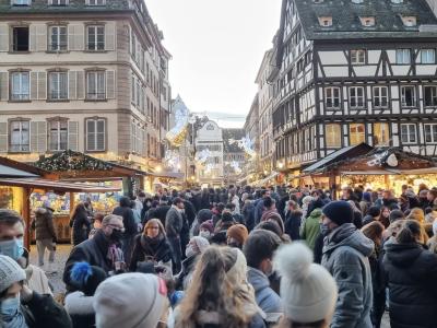 Crowded Christmas market in France