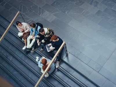 Aerial view of college students on steps