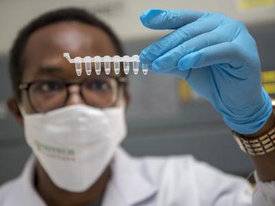 Doctor holding up COVID test samples
