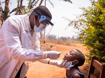 Boy getting COVID nasal swab