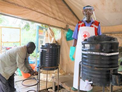 Hand washing at Ebola screening center