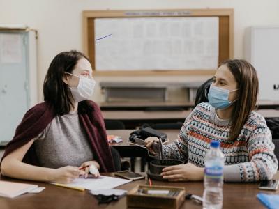 High school lab students wearing masks