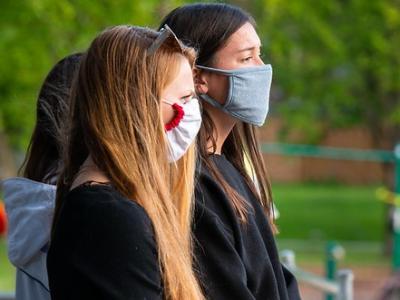Women wearing face masks in a park