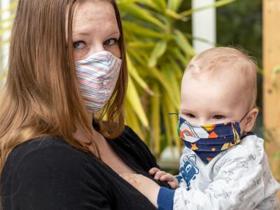 Mom and baby wearing homemade masks