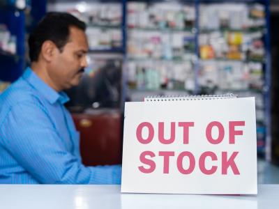 Out of stock sign at pharmacy