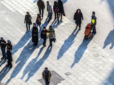 Overhead view of people on plaza