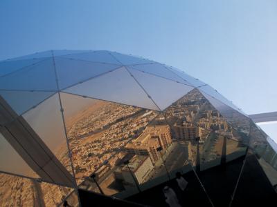 Reflection of downtown Riyadh in The Globe at the top of the Faisaliah Center