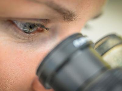 Scientist at microscope