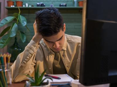 Stressed boy at home computer